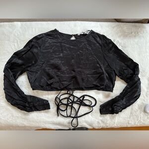 Zara Black Satin Cotton Linen Long Sleeve Crop Top Open Back Tie Size XL